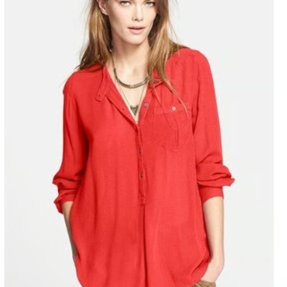 Free People Red Long Sleeved Button Down Oversize Tunic